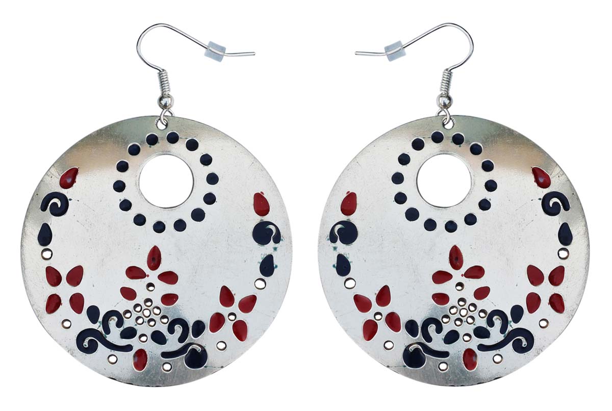 Pair of Round Hook Earrings in Brass - 2.5” Silver Tone with Red Blue Enameled Motifs - Drop Earrings / Women Fashion Jewelry - Buy in Bulk Wholesale